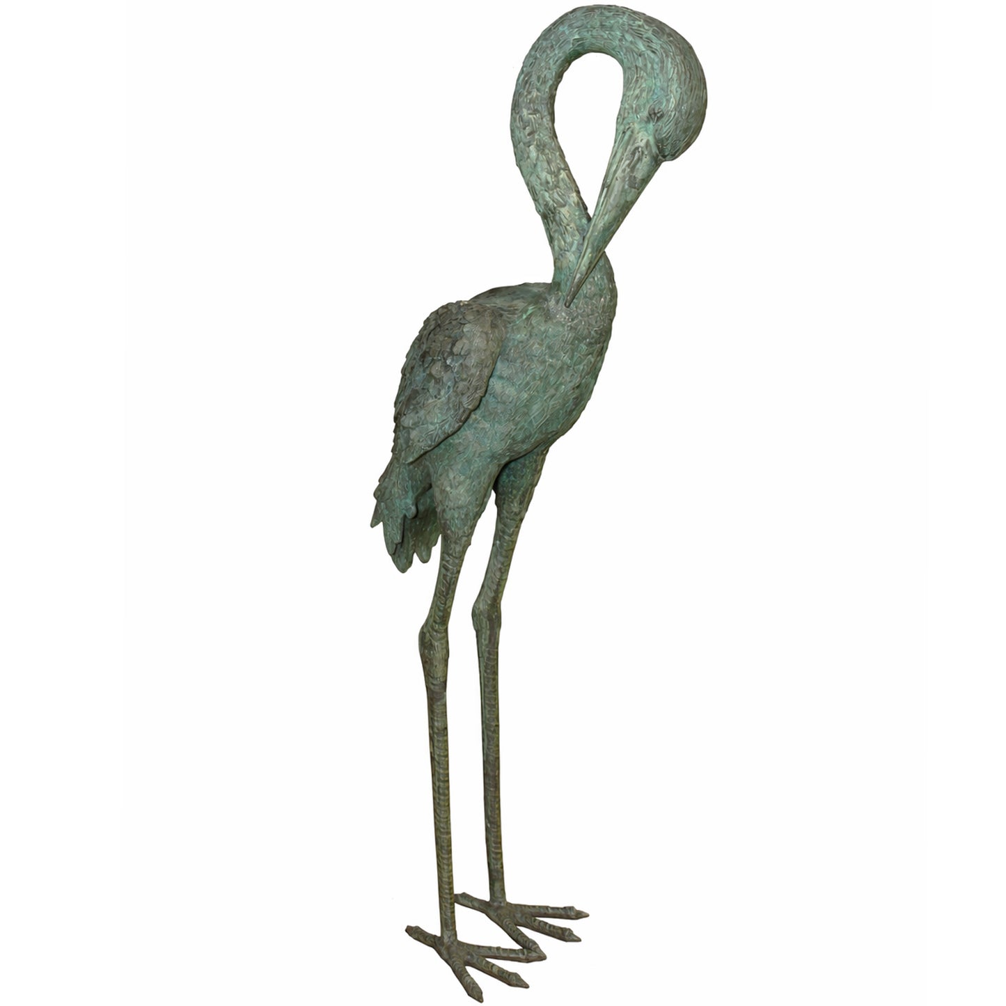 Crane Figure, Cast Bronze Garden Sculpture with Verdigris Patina