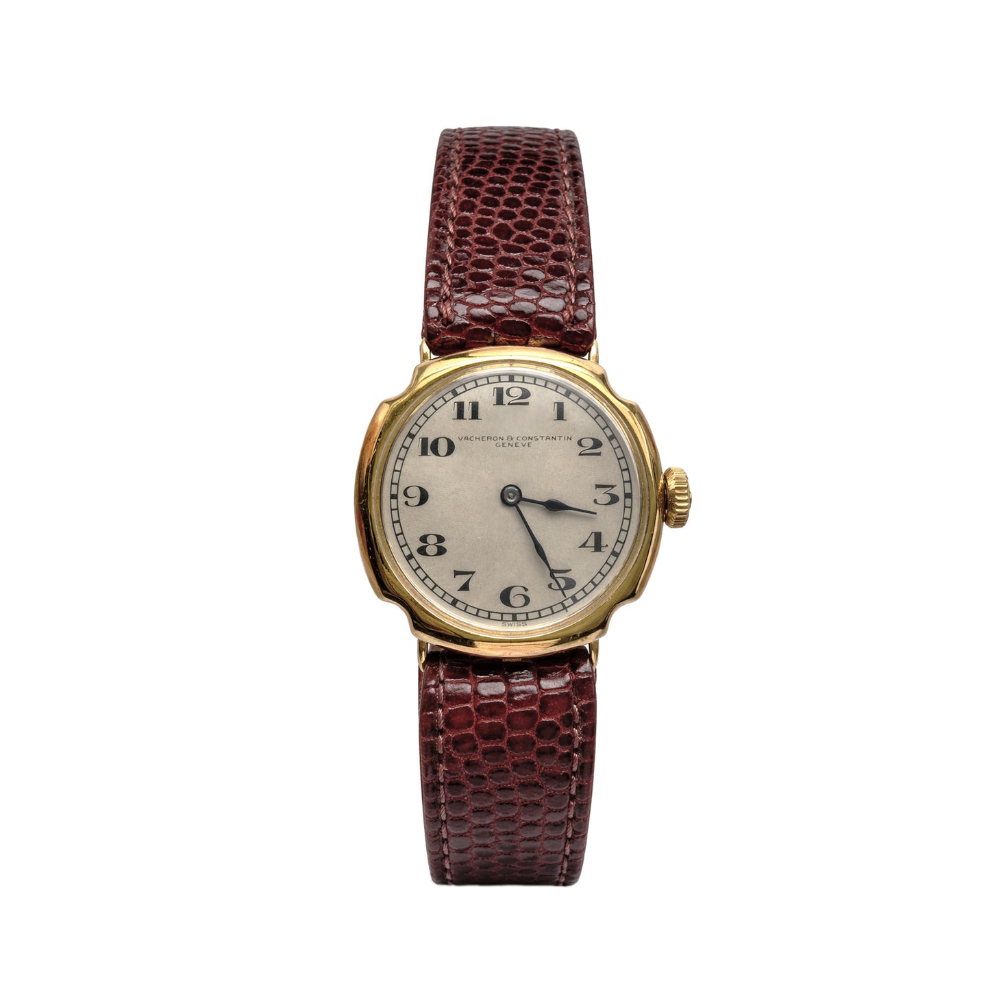 18k Gold Cushion Case, Lizard Leather Strap, Circa 1930