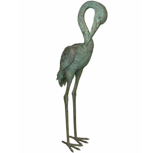 Crane Figure, Cast Bronze Garden Sculpture with Verdigris Patina