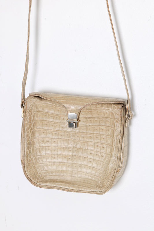 1960s, Albino Crocodile Crossbody Saddle-Front Case Bag, Narrow Strap Suspension