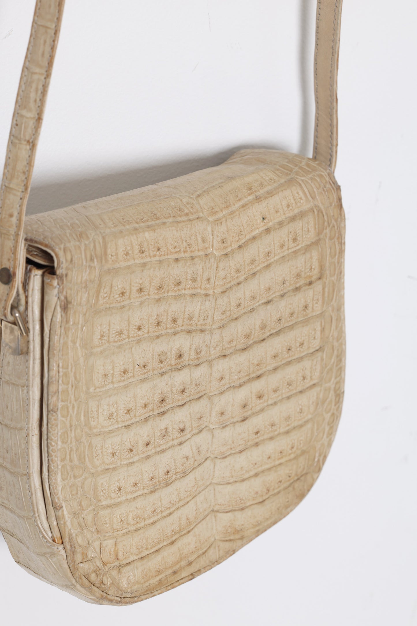 1960s, Albino Crocodile Crossbody Saddle-Front Case Bag, Narrow Strap Suspension