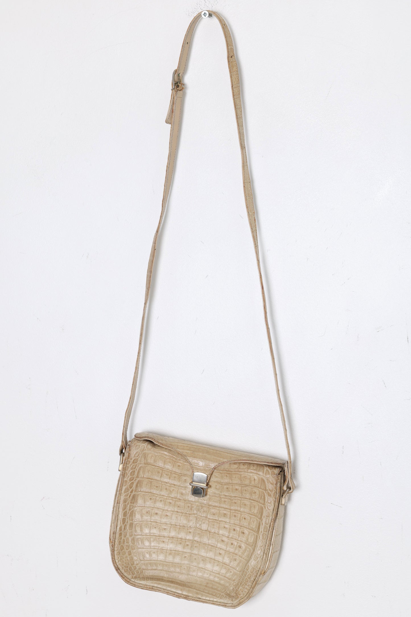 1960s, Albino Crocodile Crossbody Saddle-Front Case Bag, Narrow Strap Suspension