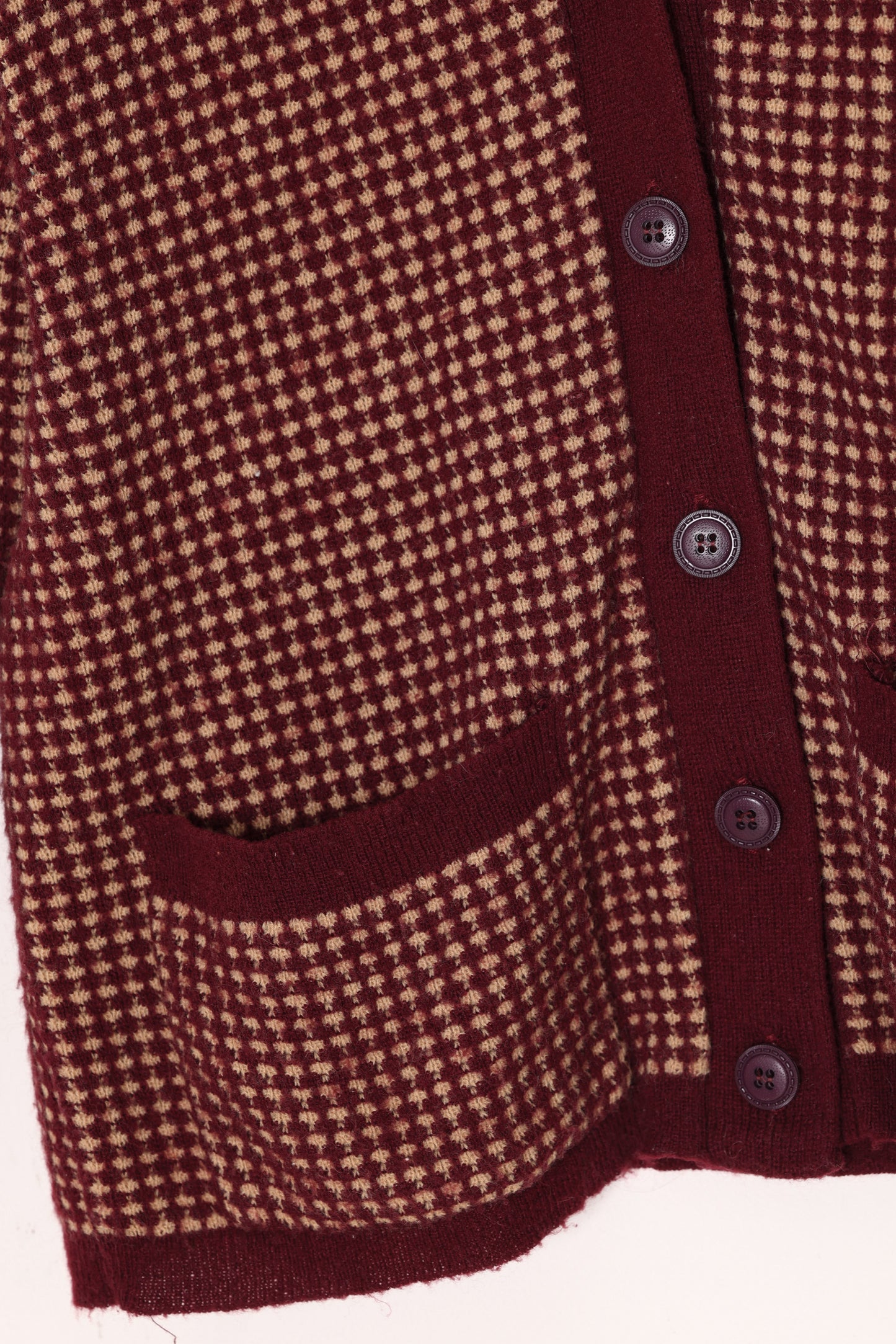 1960s Birdseye Wool Cardigan, Narrow V-Neckline, Patch Pockets, Extended Rib Cuffs