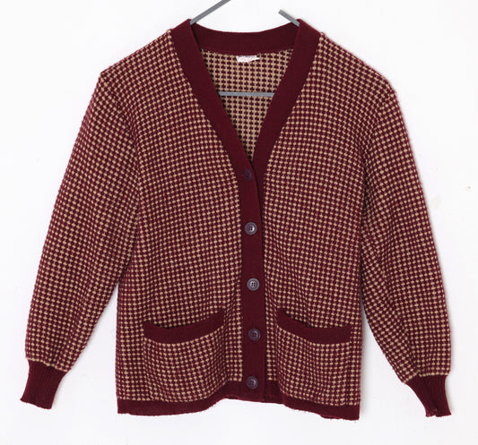 1960s Birdseye Wool Cardigan, Narrow V-Neckline, Patch Pockets, Extended Rib Cuffs