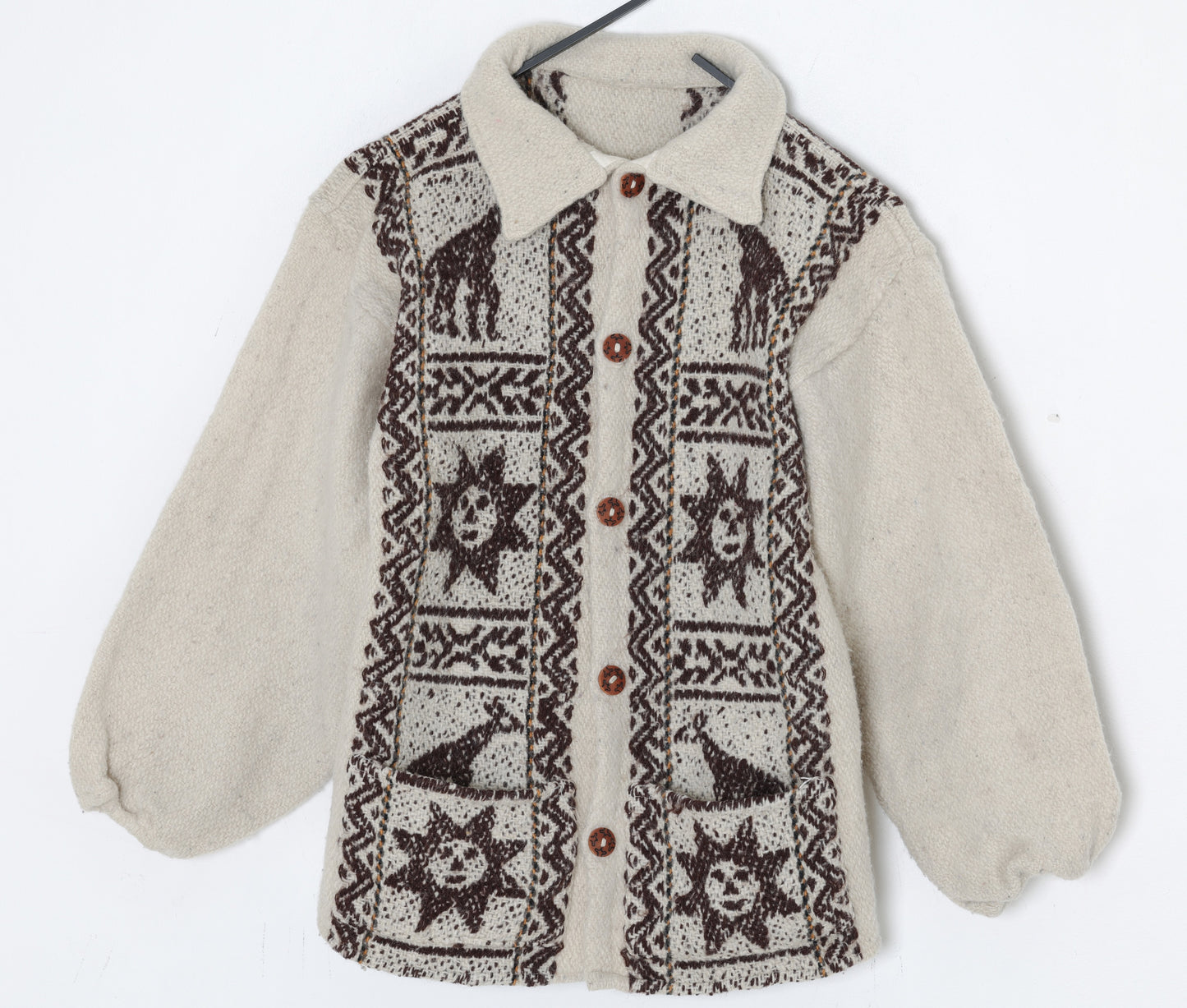 1970s–80s, Hand-Loomed Wool Pile Overshirt with Andean Solar and Camelid Motifs