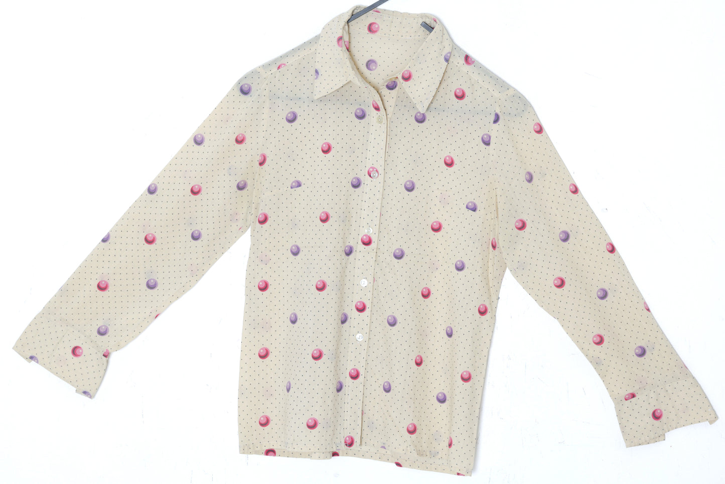1970s, Boutique-Grade Novelty Print Blouse with Floating Orb Motif, Fine Semi-Sheer Woven