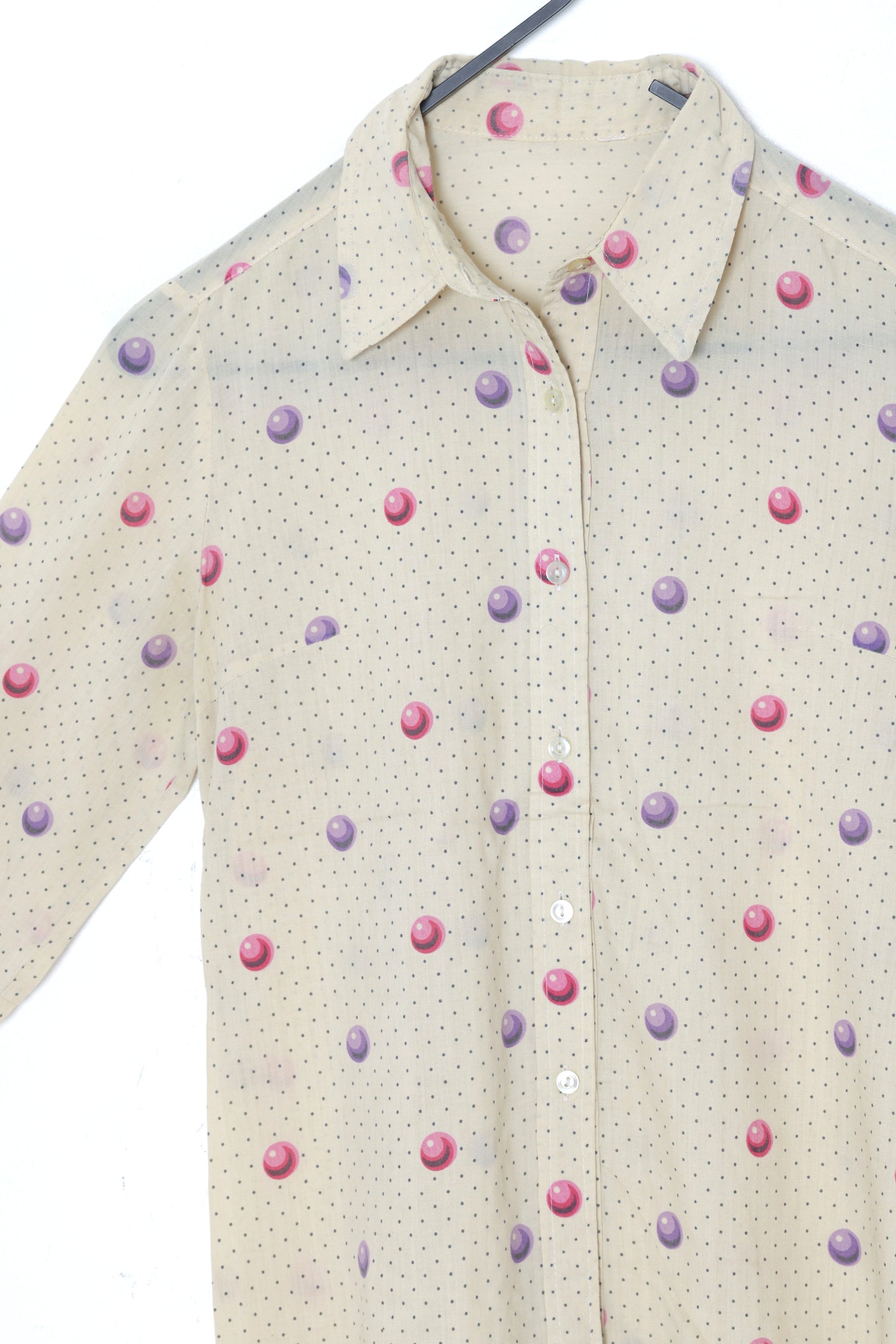 1970s, Boutique-Grade Novelty Print Blouse with Floating Orb Motif, Fine Semi-Sheer Woven