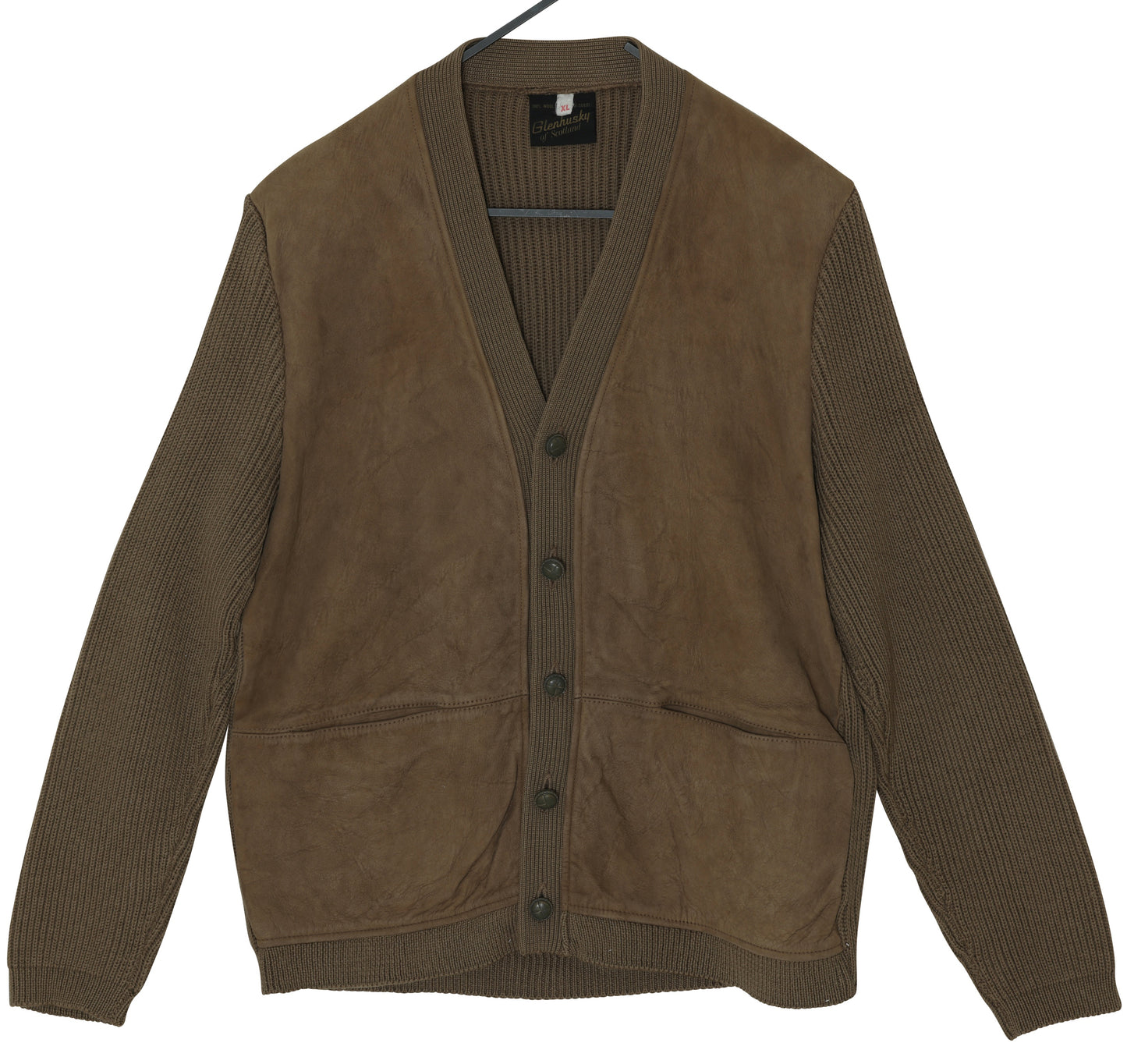 1970s Scottish Leisurewear Wool Knit and Sueded Leather Panel Cardigan