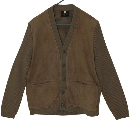 1970s Scottish Leisurewear Wool Knit and Sueded Leather Panel Cardigan