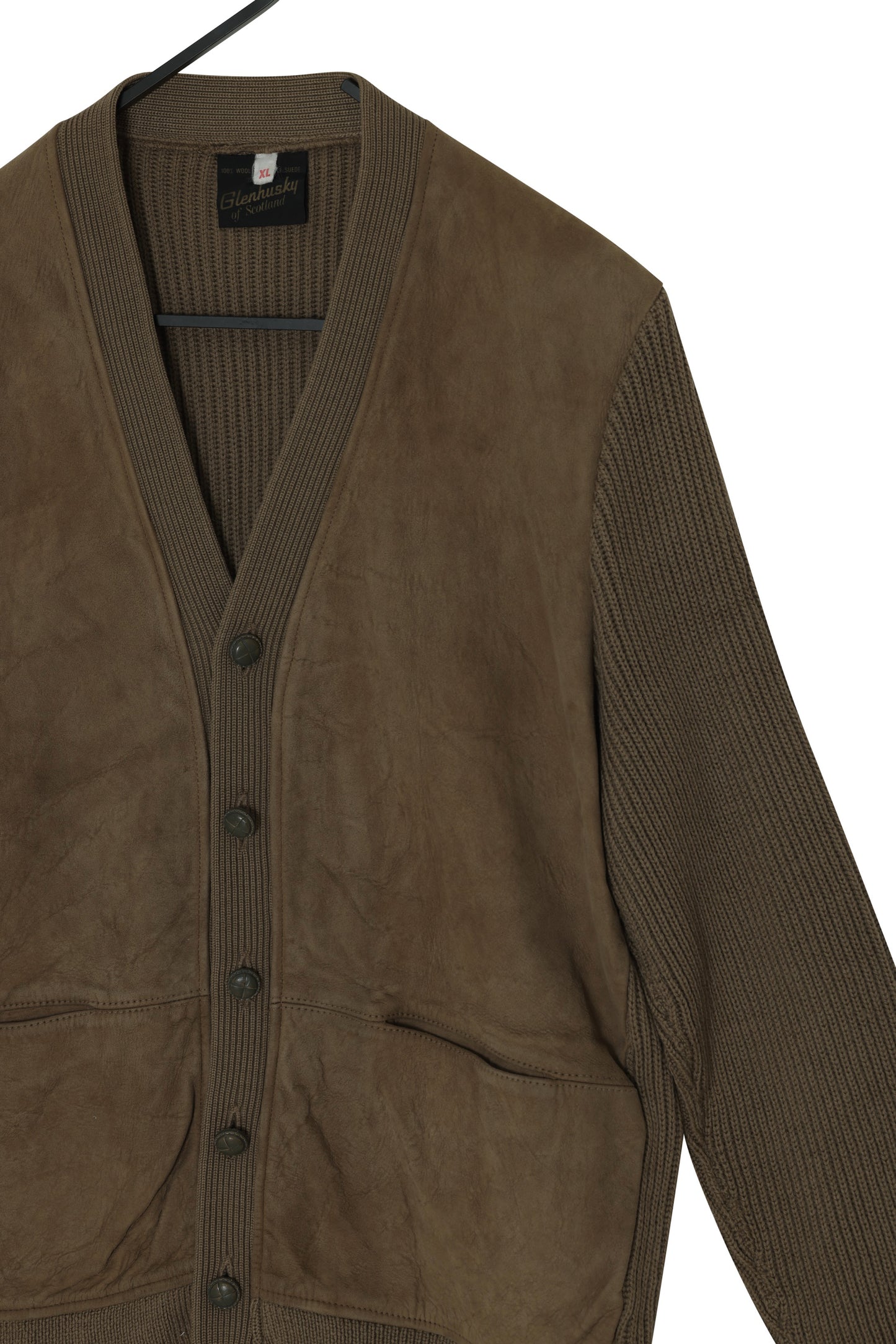 1970s Scottish Leisurewear Wool Knit and Sueded Leather Panel Cardigan