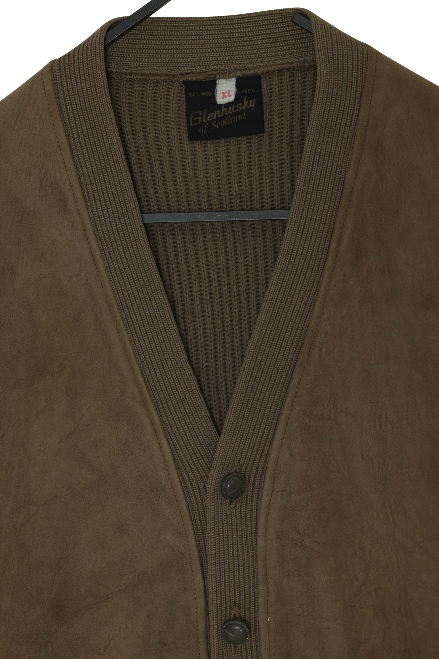1970s Scottish Leisurewear Wool Knit and Sueded Leather Panel Cardigan