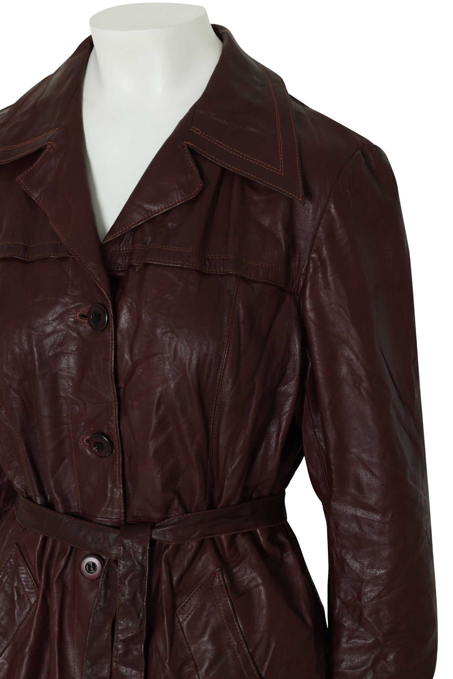1970s Swedish Provincial Calf Leather Belted Jacket, Shirt-Derived Notched Collar, Structured Front Yoke