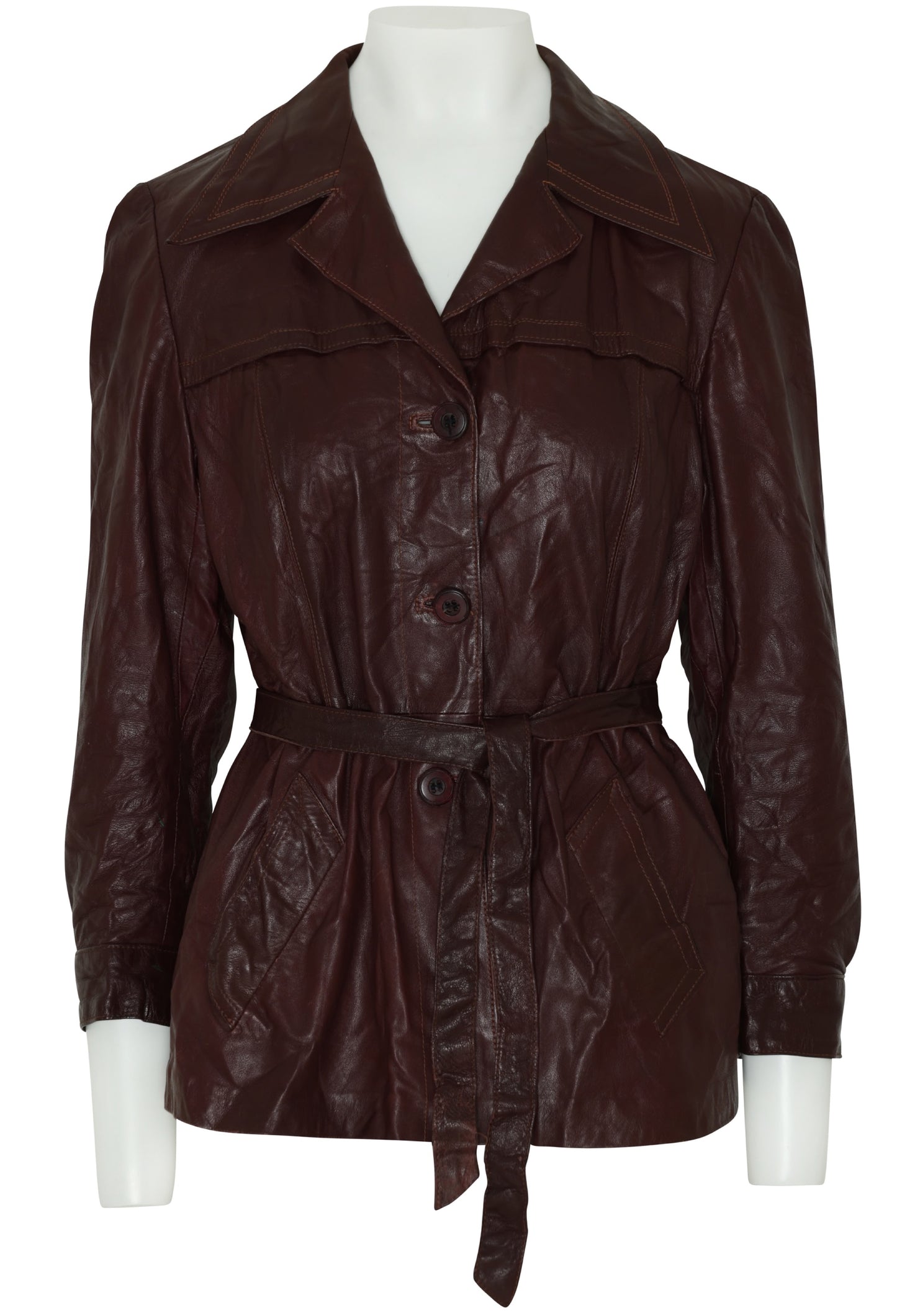 1970s Swedish Provincial Calf Leather Belted Jacket, Shirt-Derived Notched Collar, Structured Front Yoke