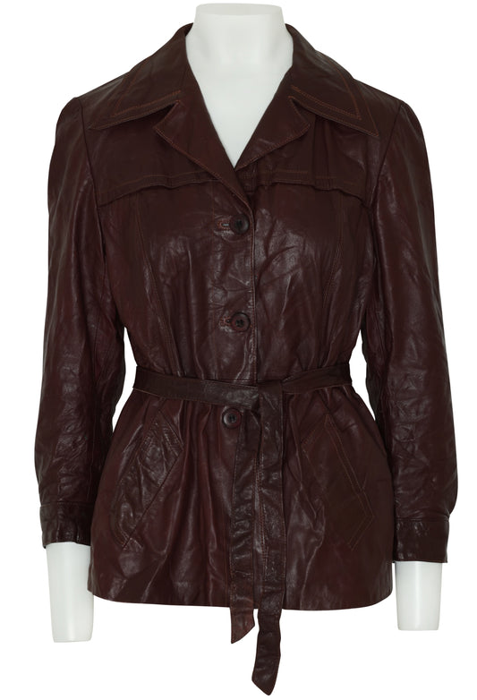 1970s Swedish Provincial Calf Leather Belted Jacket, Shirt-Derived Notched Collar, Structured Front Yoke