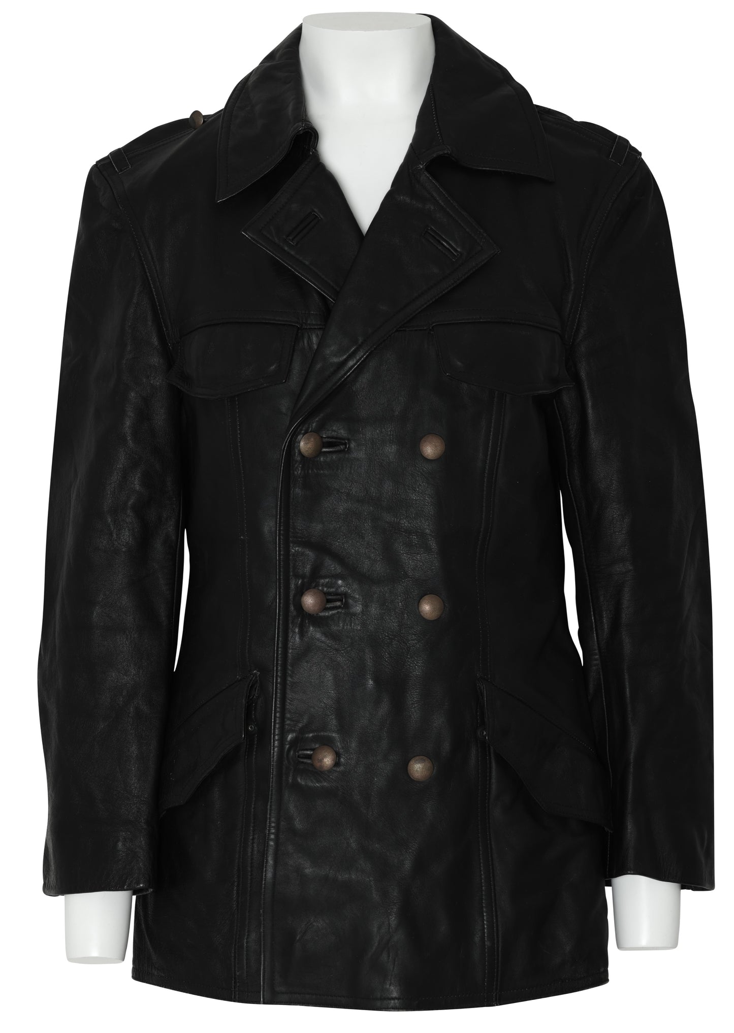 1980–1995 Black Leather Officer Double-Breasted Jacket, Military Lapels, Häckel & Co.