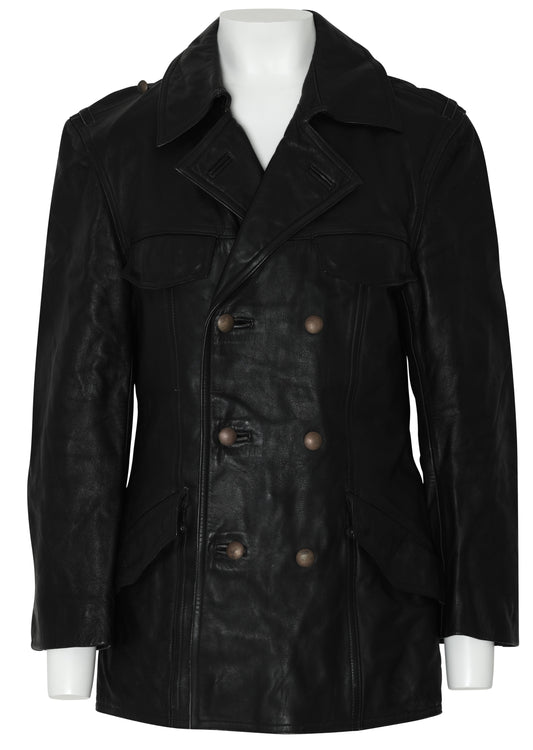 1980–1995 Black Leather Officer Double-Breasted Jacket, Military Lapels, Häckel & Co.