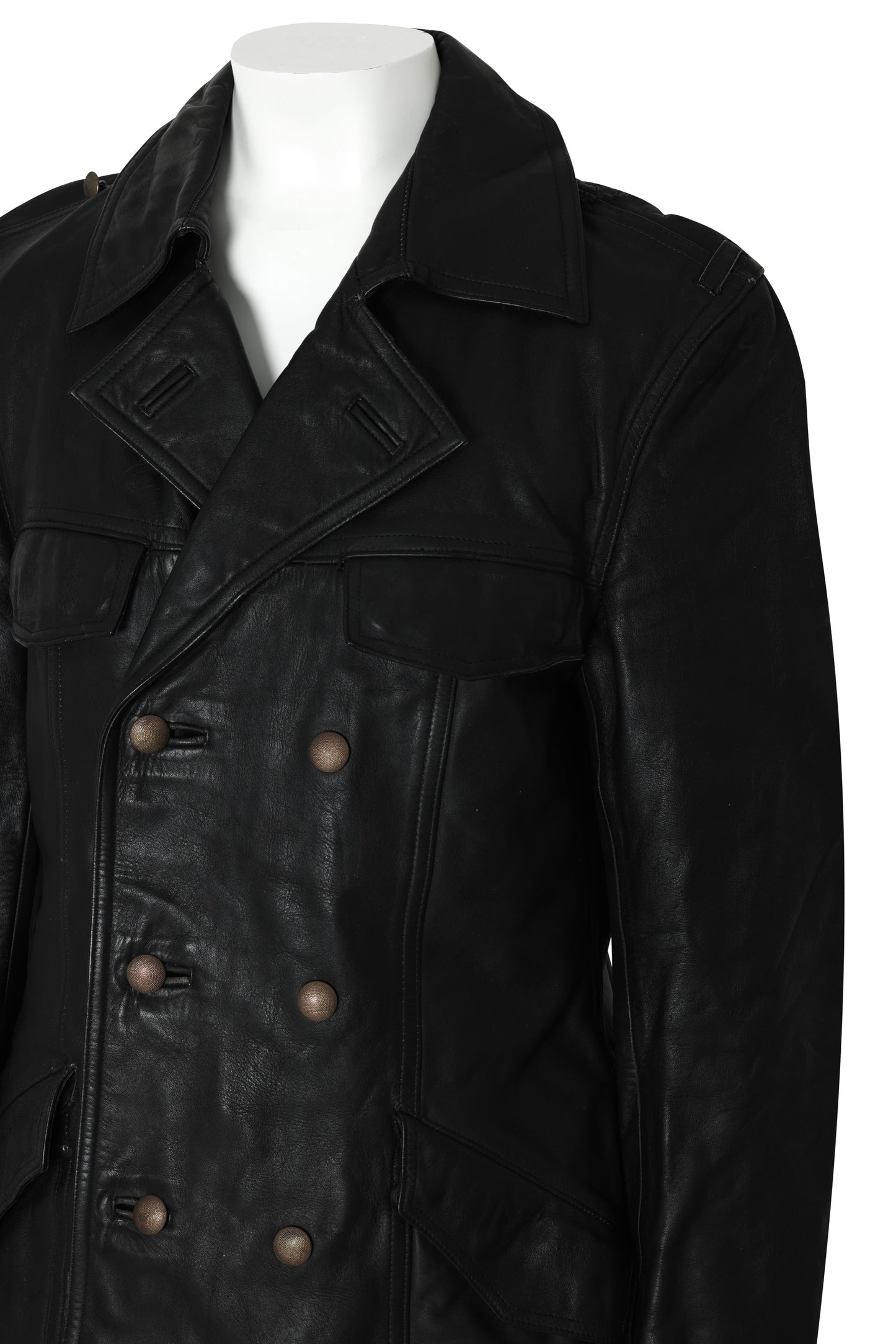 1980–1995 Black Leather Officer Double-Breasted Jacket, Military Lapels, Häckel & Co.