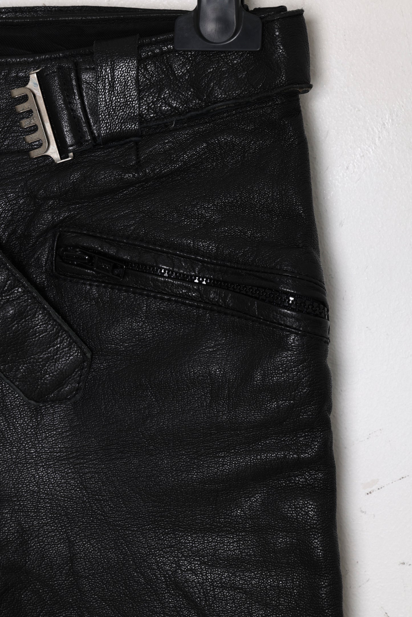 1980–1995 Leather Biker Pants, Reinforced Knee Panels, Waist Strap