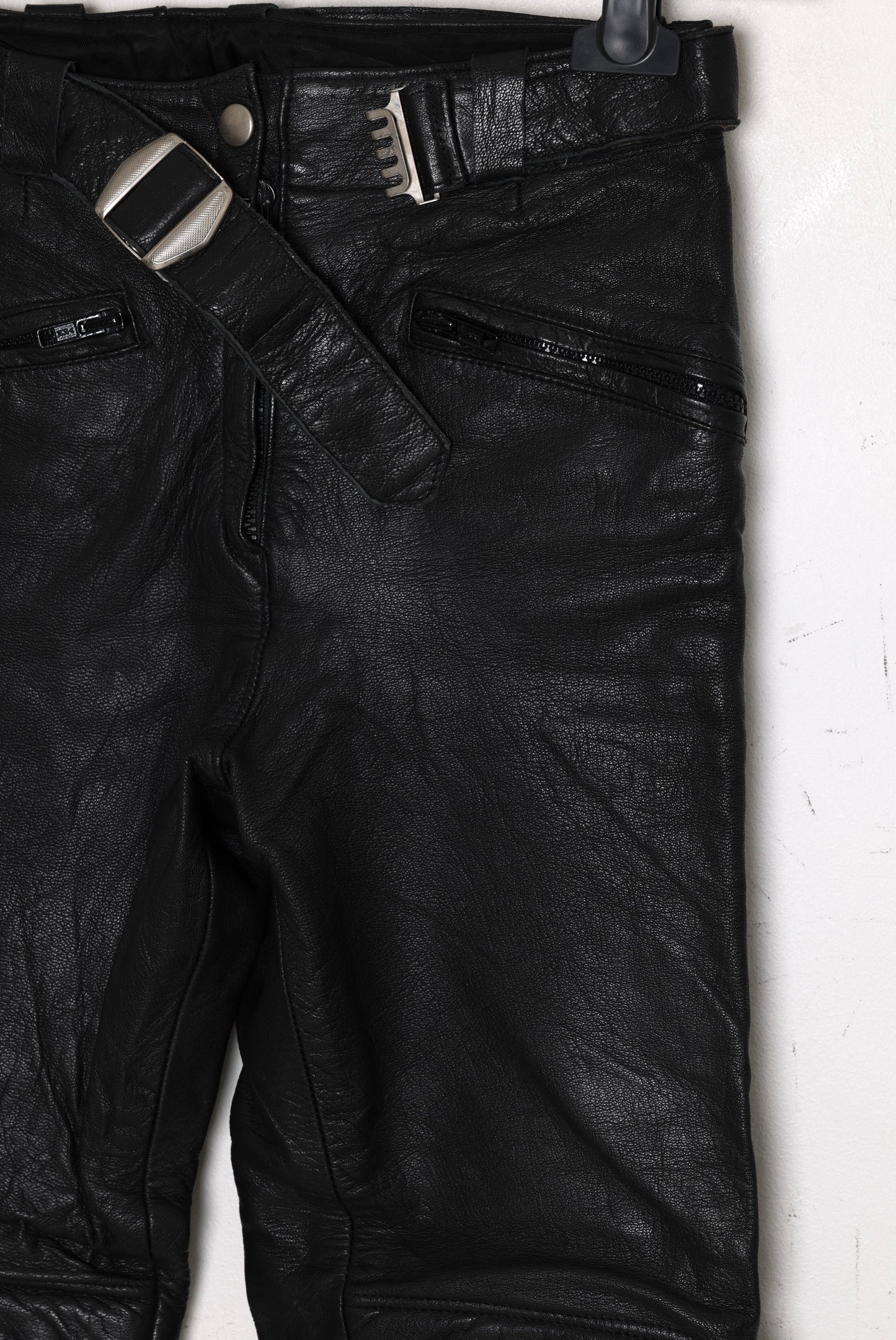 1980–1995 Leather Biker Pants, Reinforced Knee Panels, Waist Strap
