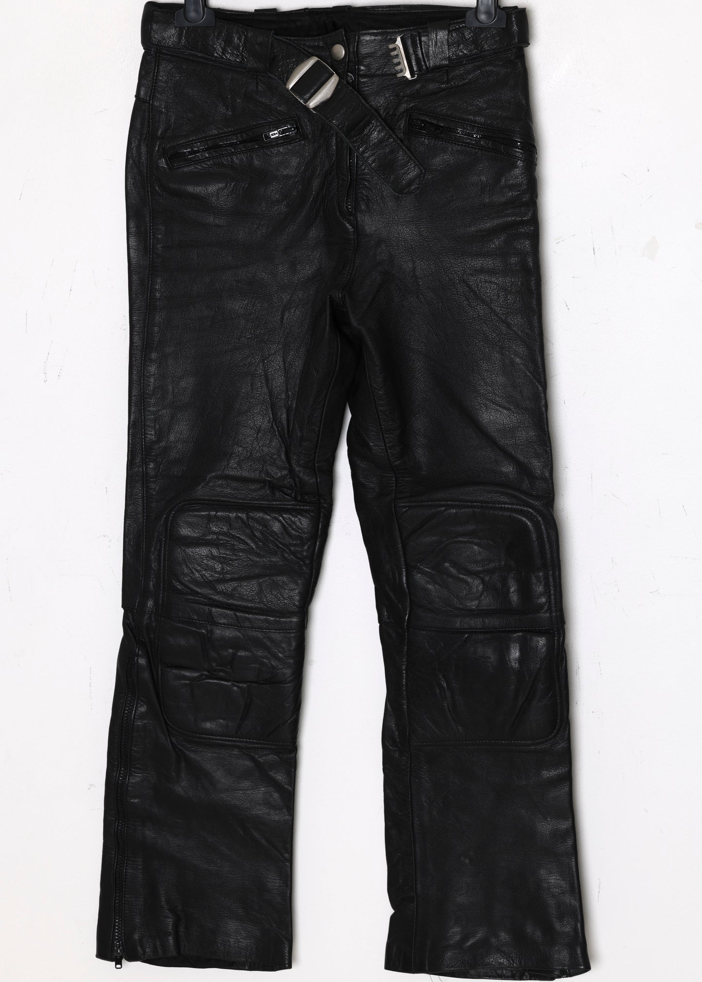 1980–1995 Leather Biker Pants, Reinforced Knee Panels, Waist Strap