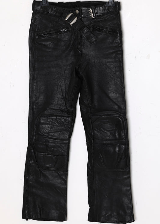 1980–1995 Leather Biker Pants, Reinforced Knee Panels, Waist Strap