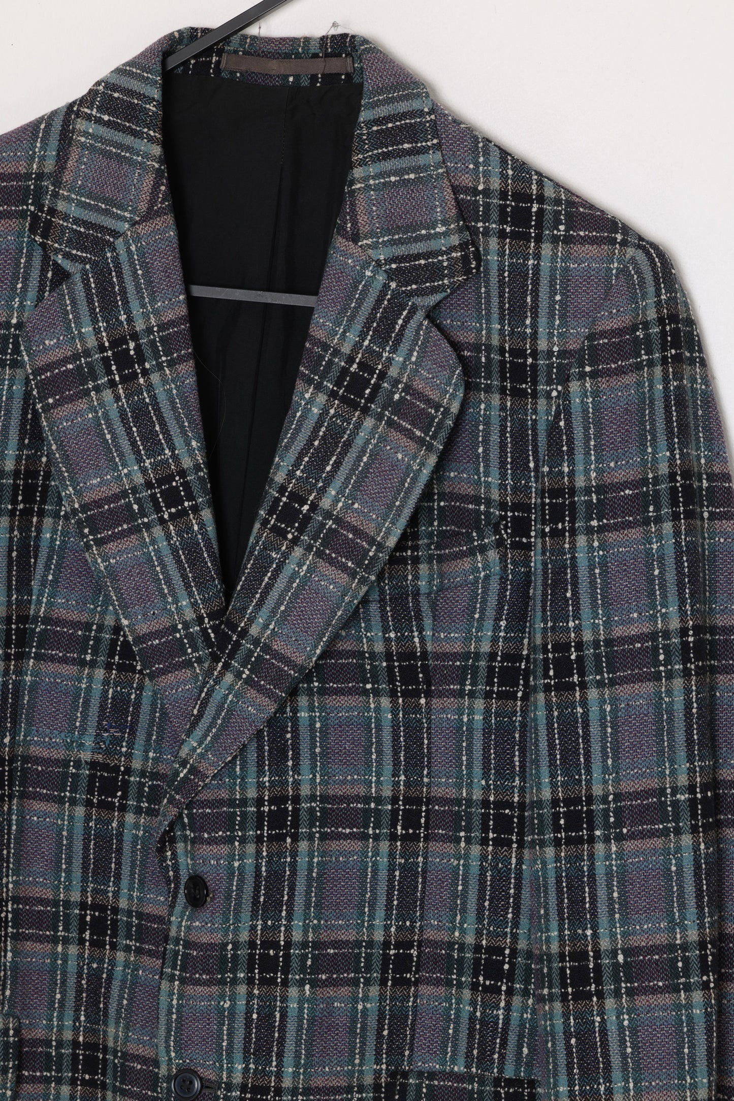1980s–1990s, broken plaid lounge jacket, nubby tweed, workshop production