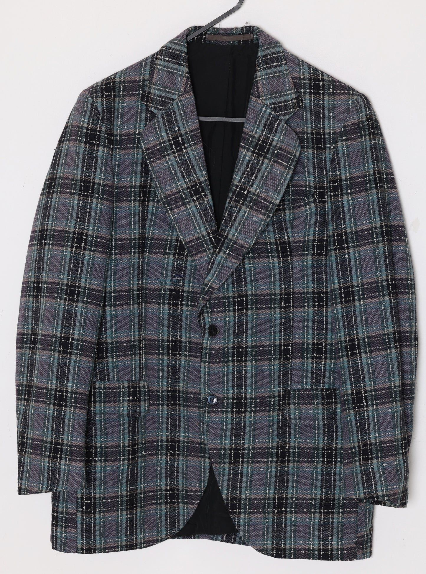 1980s–1990s, broken plaid lounge jacket, nubby tweed, workshop production