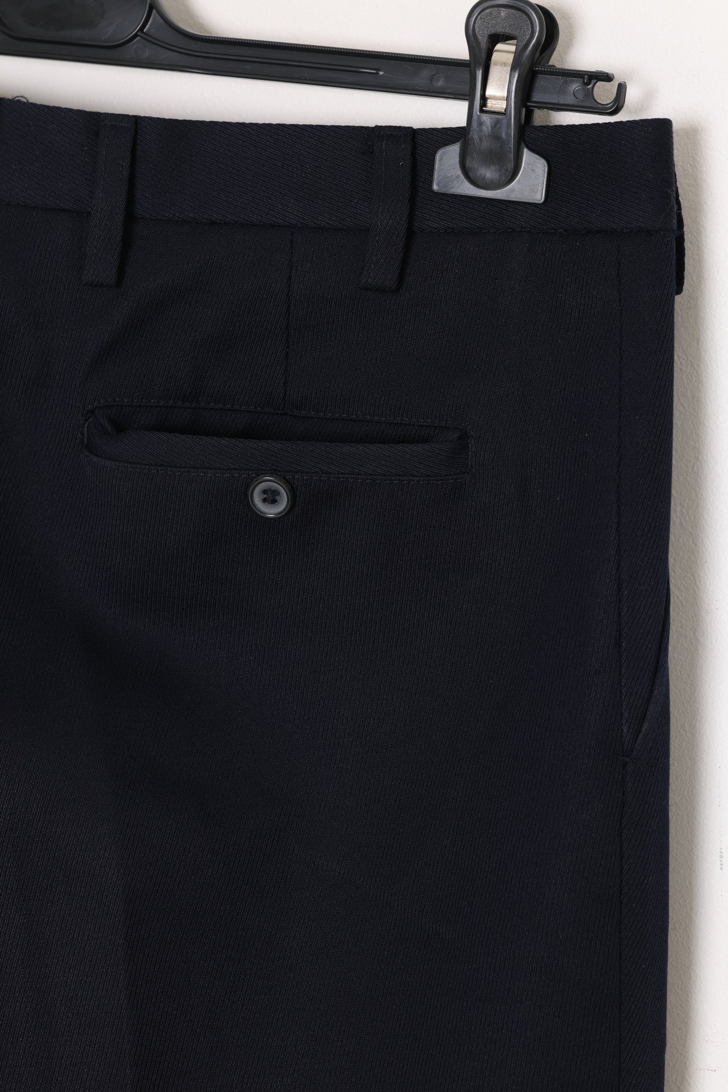 1980s–1990s Dark Navy Trousers, Schurwolle-Blend Twill, Single Reverse Pleats