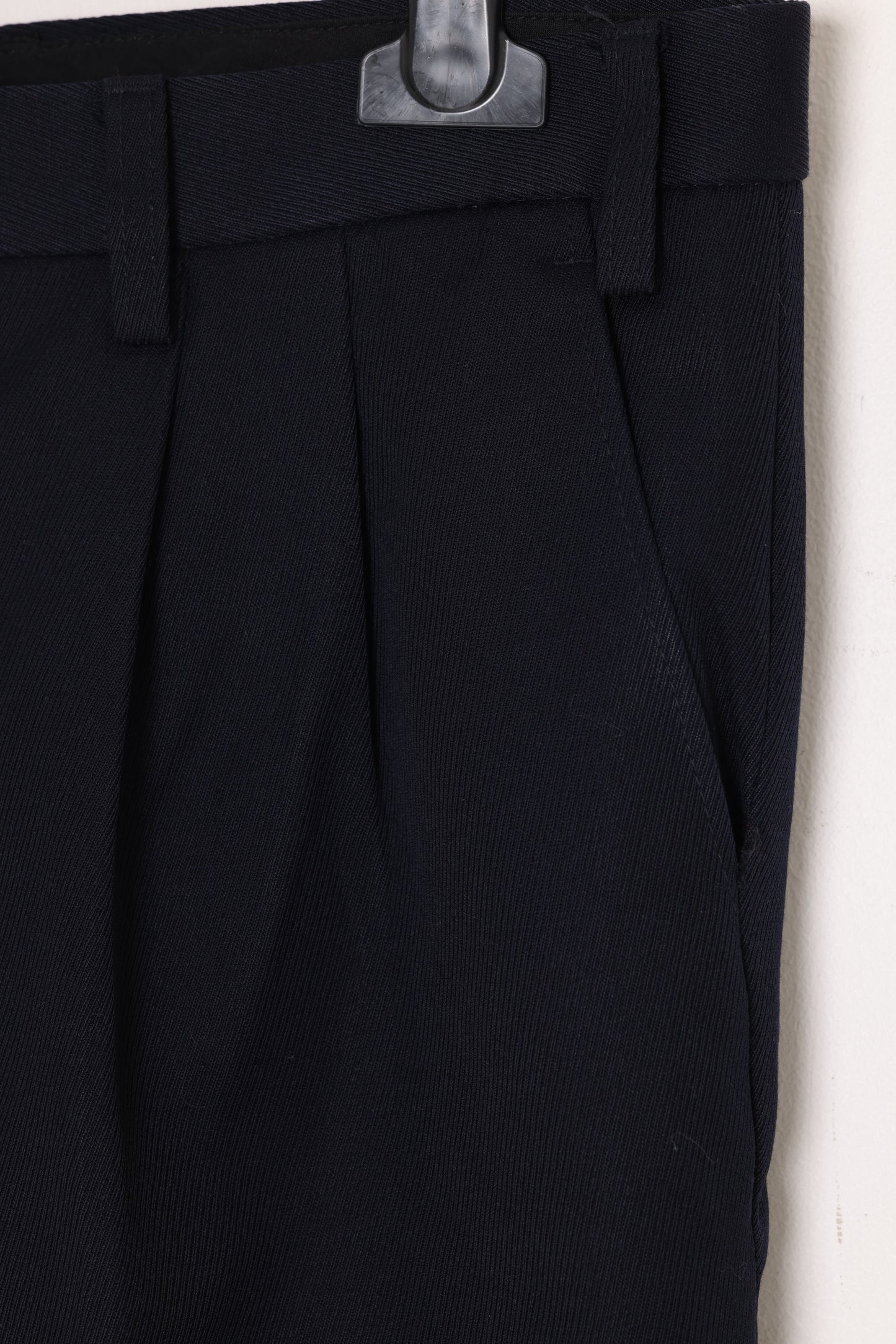 1980s–1990s Dark Navy Trousers, Schurwolle-Blend Twill, Single Reverse Pleats