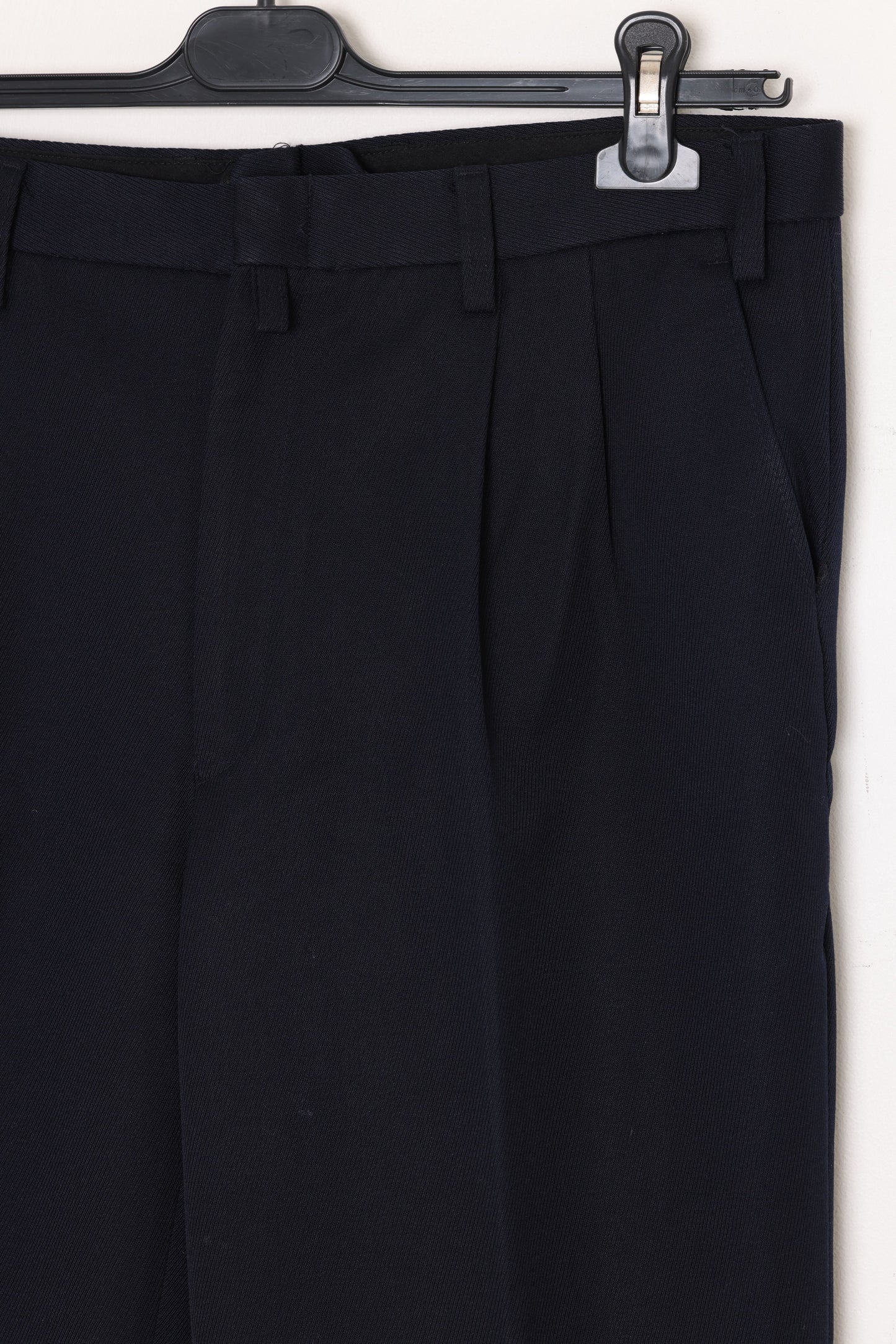 1980s–1990s Dark Navy Trousers, Schurwolle-Blend Twill, Single Reverse Pleats