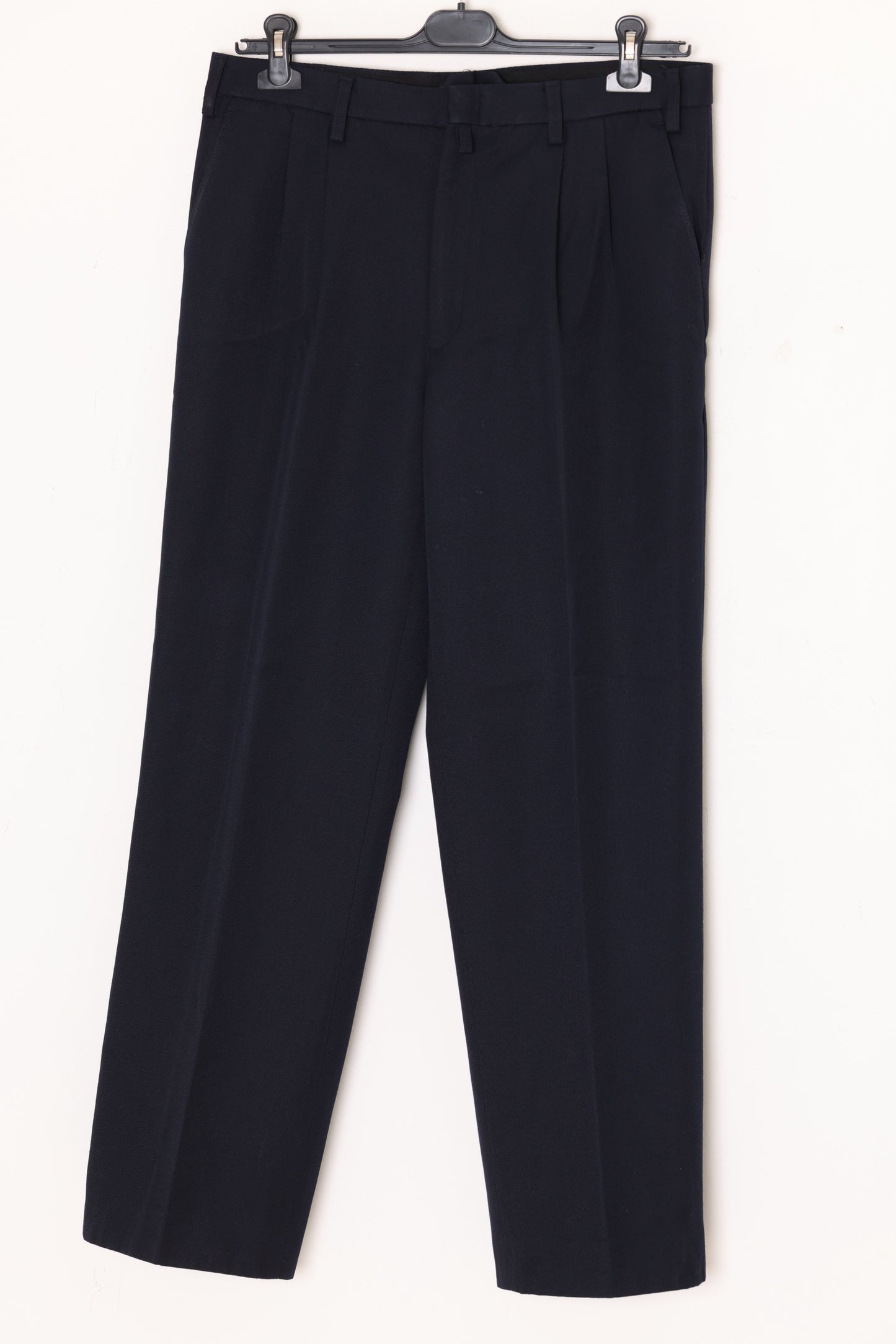 1980s–1990s Dark Navy Trousers, Schurwolle-Blend Twill, Single Reverse Pleats