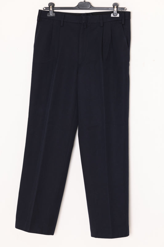 1980s–1990s Dark Navy Trousers, Schurwolle-Blend Twill, Single Reverse Pleats