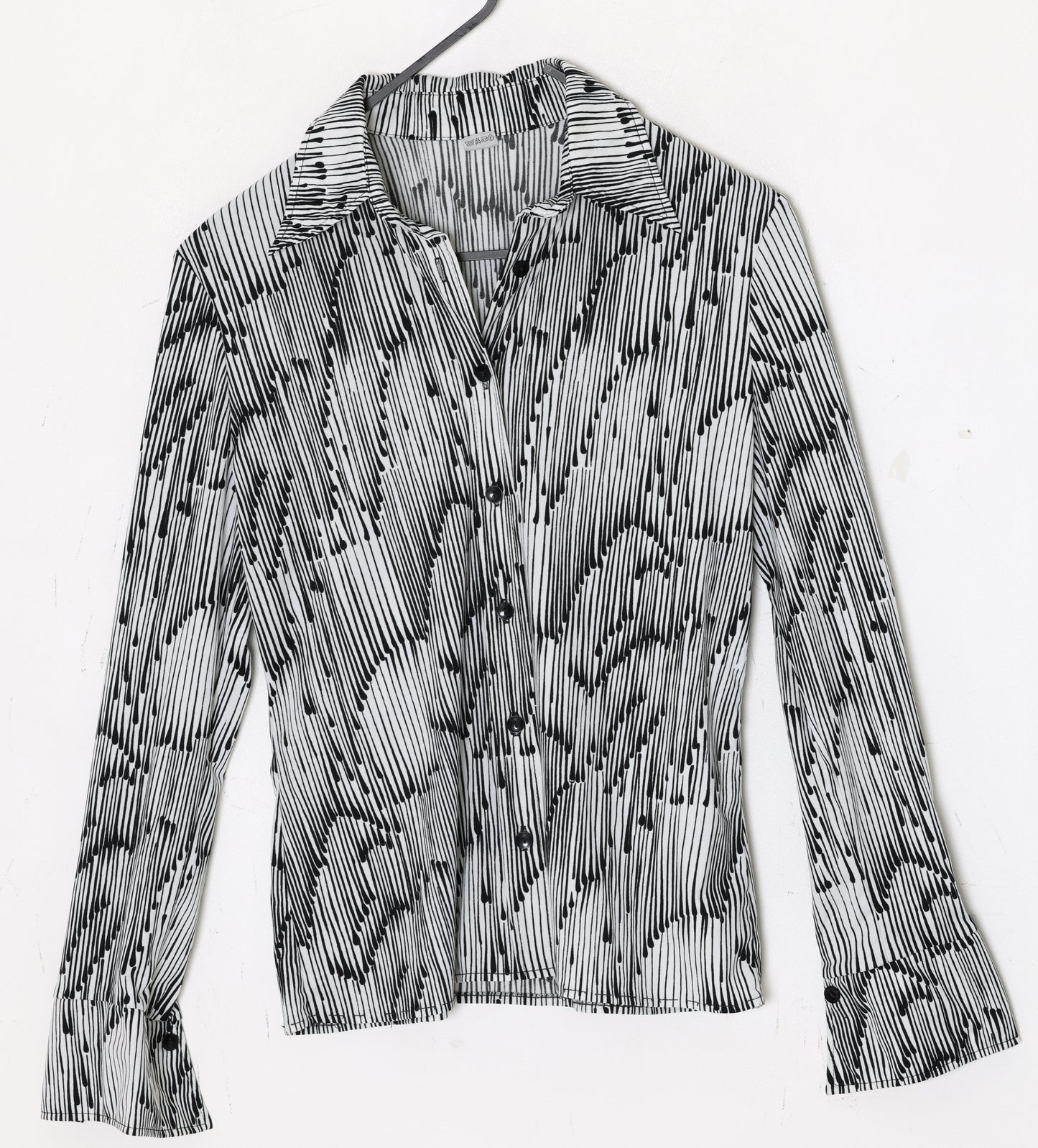 1990s, Drip-Stripe Optical Print Day Blouse with Narrow Point Collar