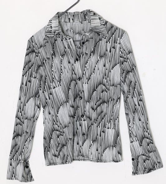 1990s, Drip-Stripe Optical Print Day Blouse with Narrow Point Collar