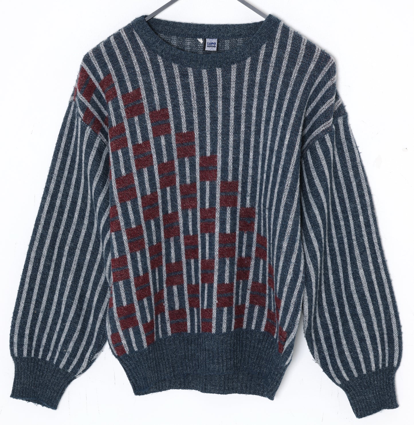 1990s, Italian Leisure Knit, Abstract Brickwork Intarsia with Vertical Stripe Field