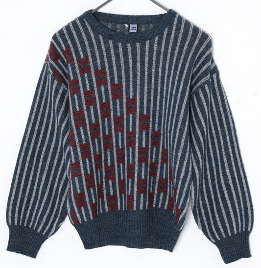 1990s, Italian Leisure Knit, Abstract Brickwork Intarsia with Vertical Stripe Field