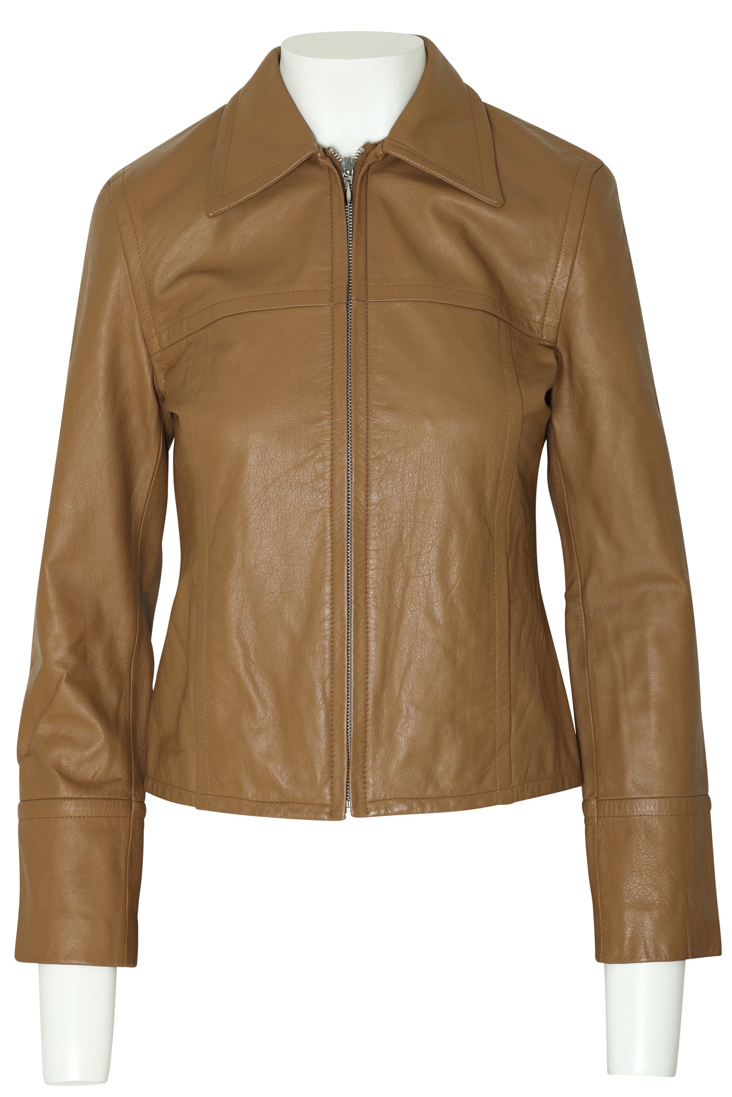 1990s Leather Jacket, Camel Dyed, Waist-Shaped Panels, Structured Collar