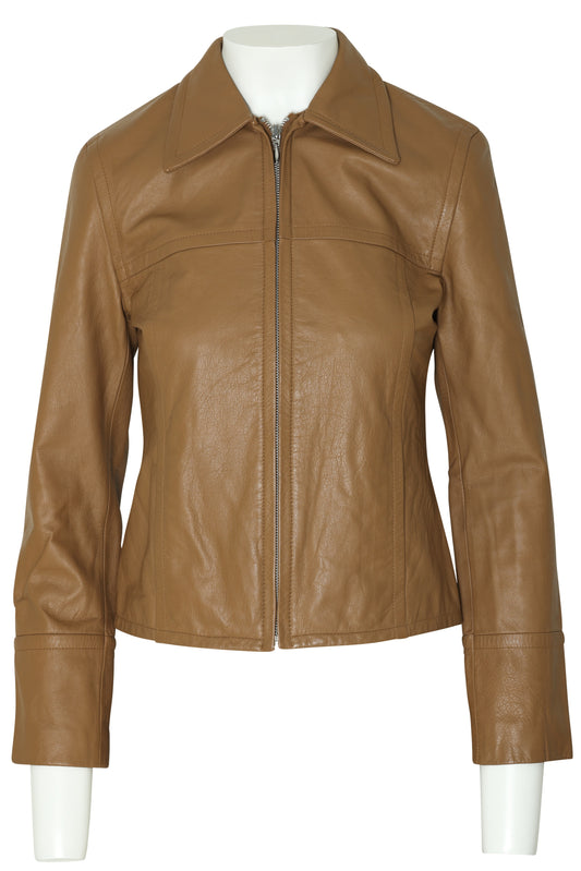 1990s Leather Jacket, Camel Dyed, Waist-Shaped Panels, Structured Collar
