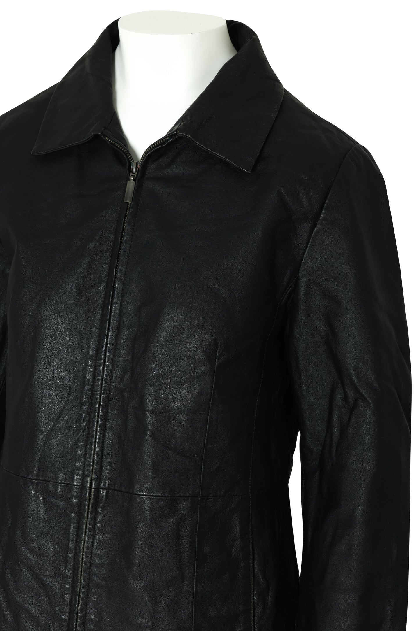 1990s Zip-Front Leather Jacket, Waist Panel Break, Straight Collar