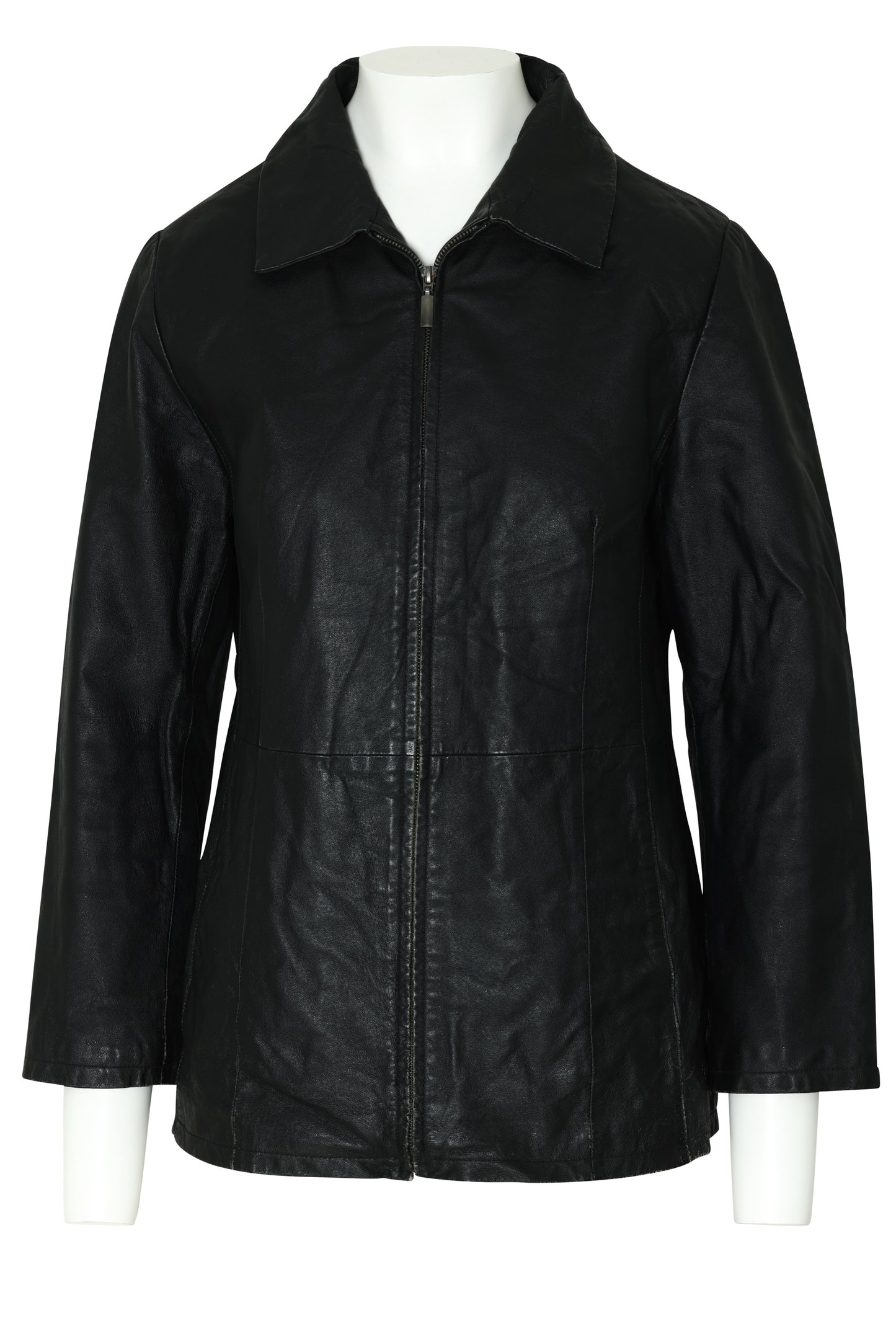 1990s Zip-Front Leather Jacket, Waist Panel Break, Straight Collar