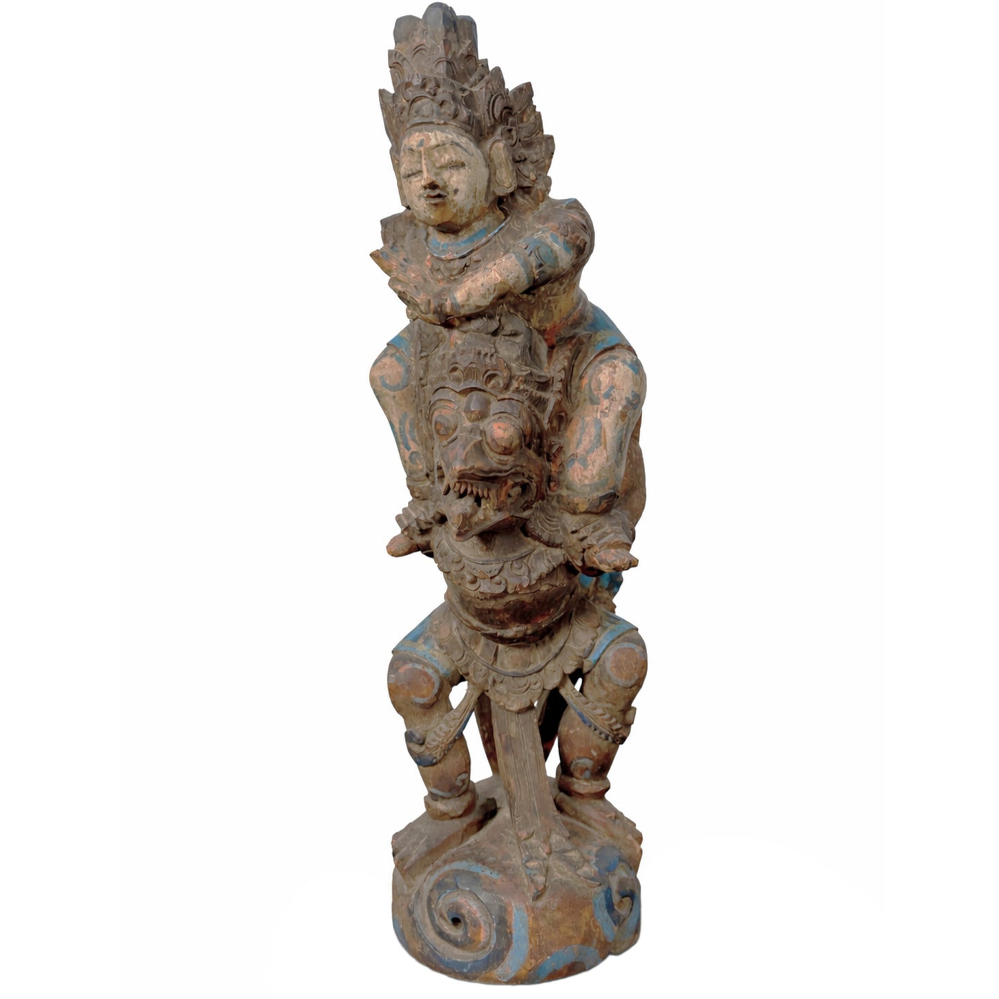 Balinese Workshop, Temple Guardian, Polychromed Carved Wood Protective Deity with Zoomorphic Mount