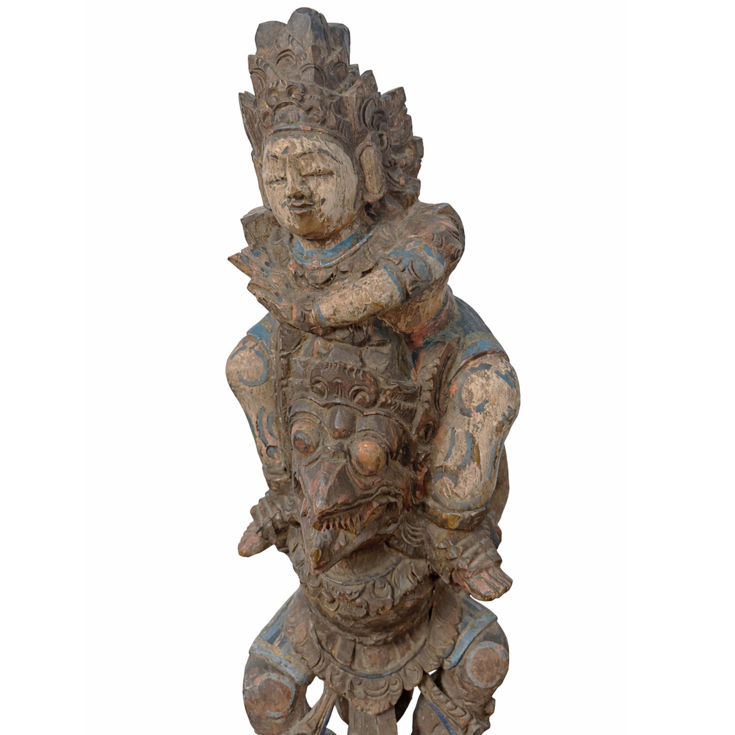 Balinese Workshop, Temple Guardian, Polychromed Carved Wood Protective Deity with Zoomorphic Mount