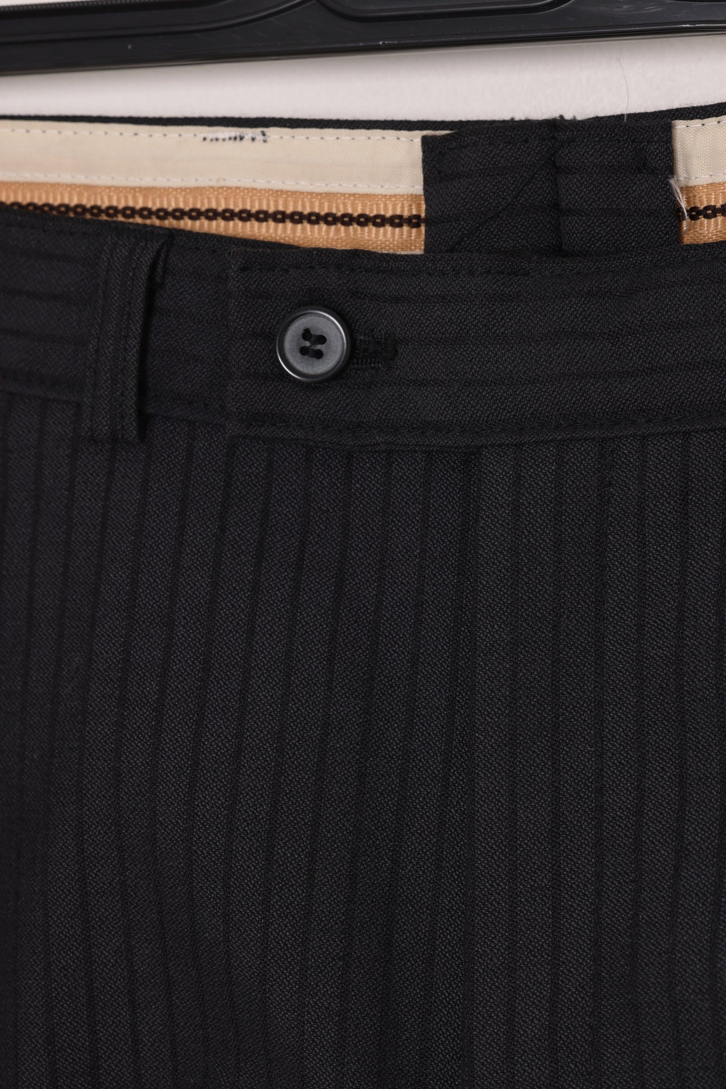 1980–1995, wool-blend tailored trousers, vertical stripe weave