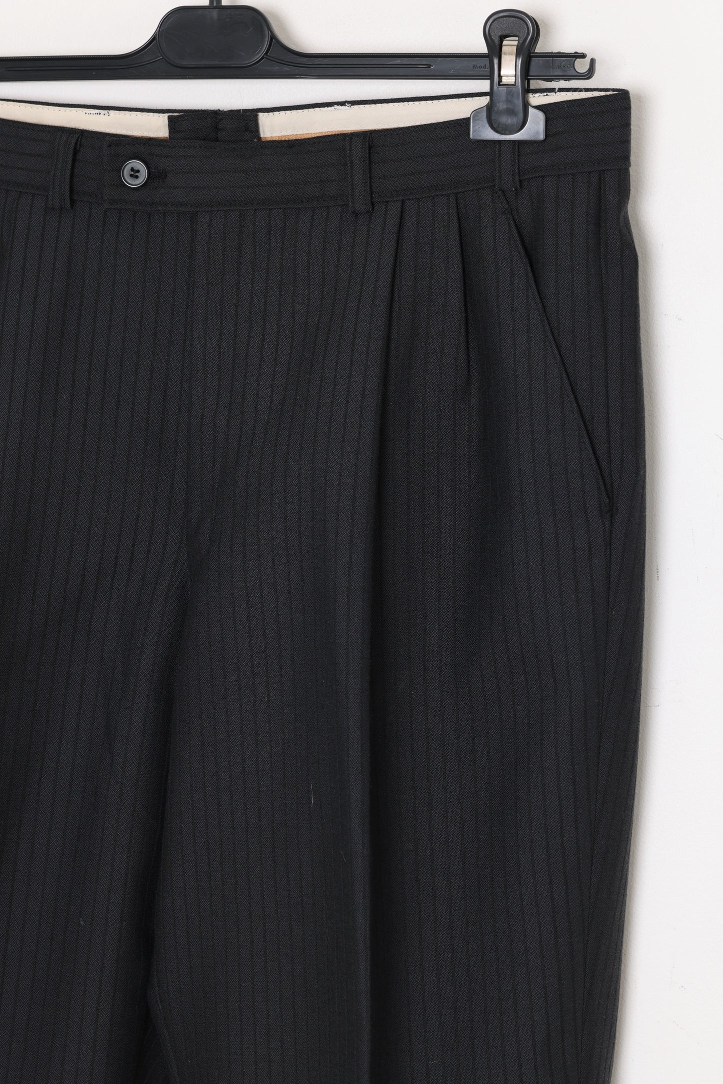 1980–1995, wool-blend tailored trousers, vertical stripe weave