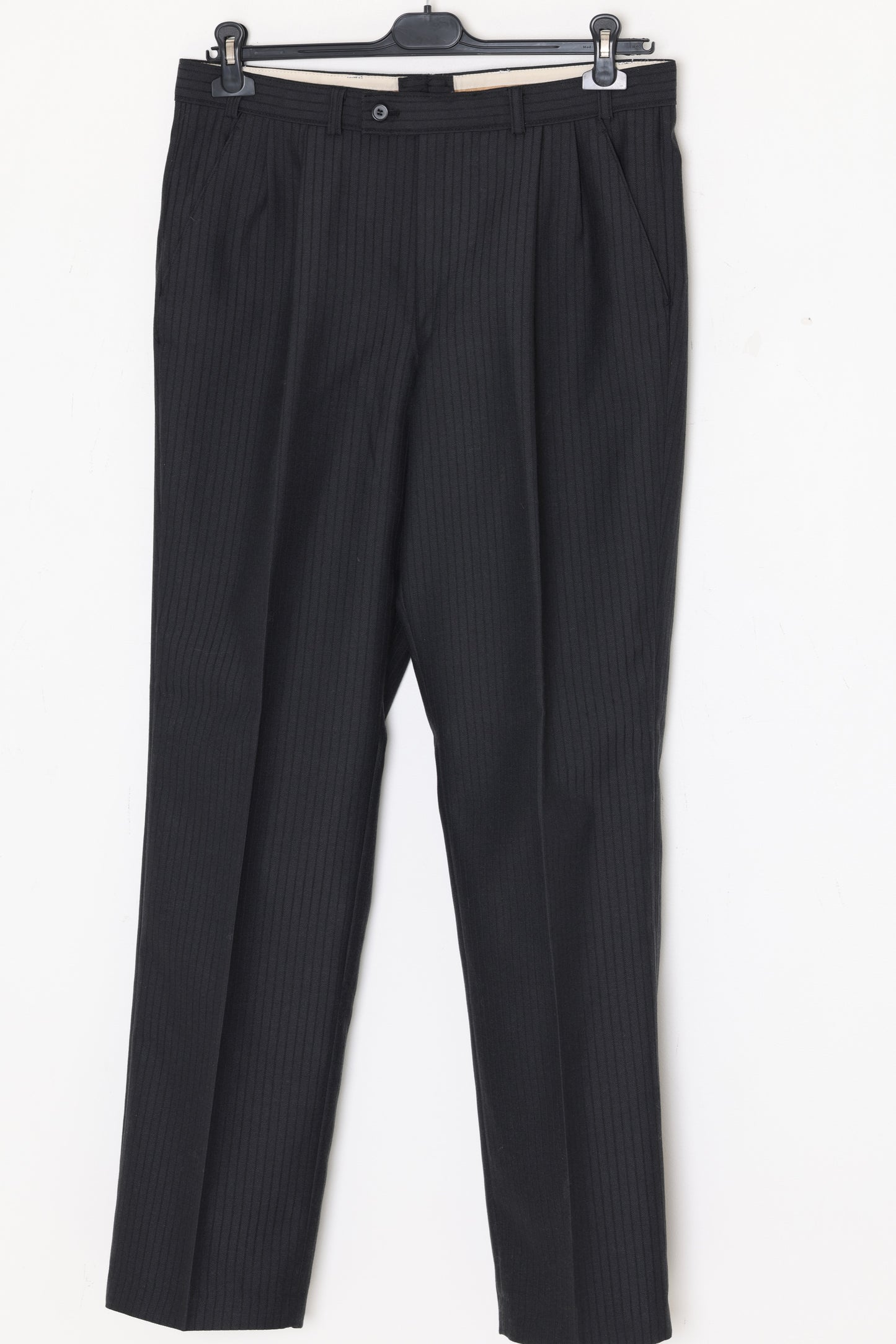 1980–1995, wool-blend tailored trousers, vertical stripe weave
