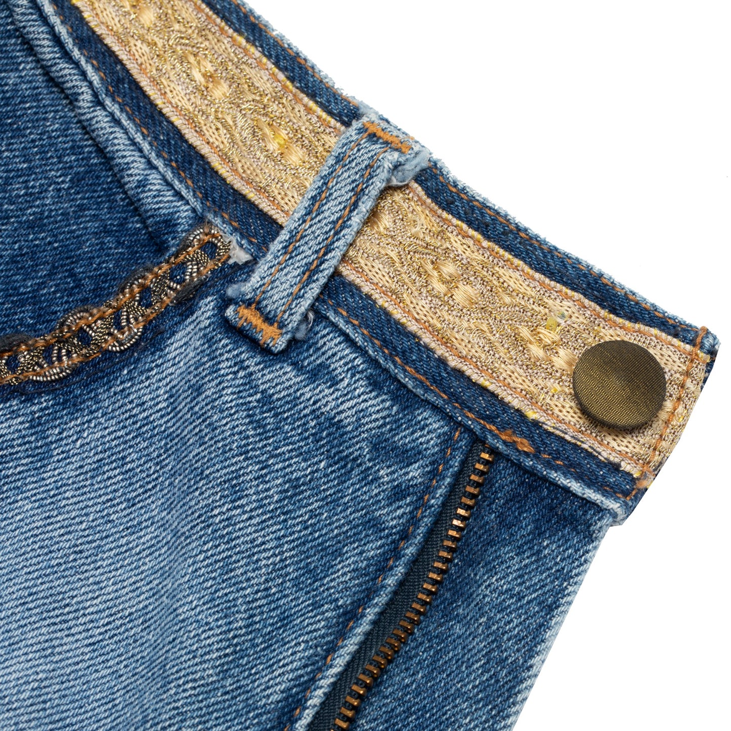 80s, Ring-Spun Indigo, Metallic Jacquard Braid, Gold Lace Overlay