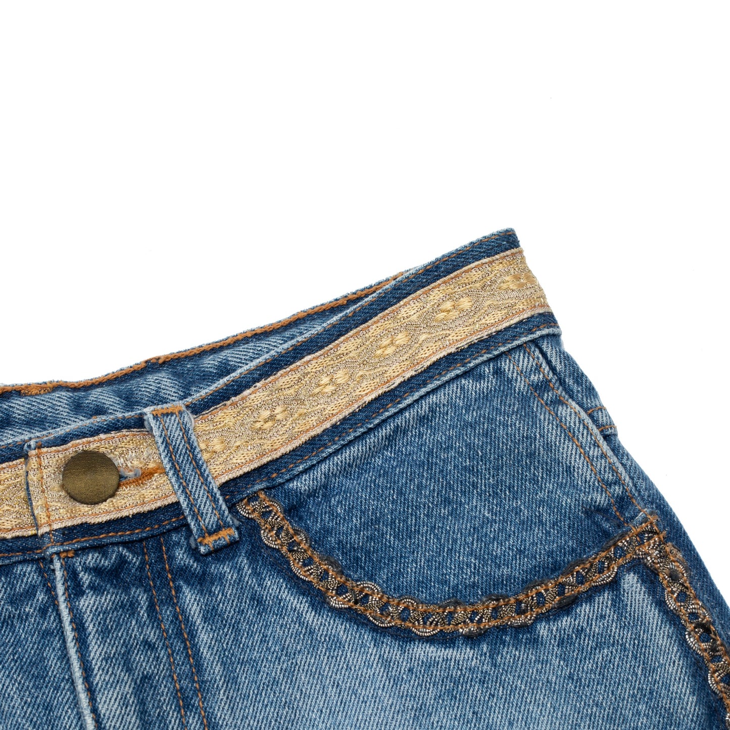 80s, Ring-Spun Indigo, Metallic Jacquard Braid, Gold Lace Overlay