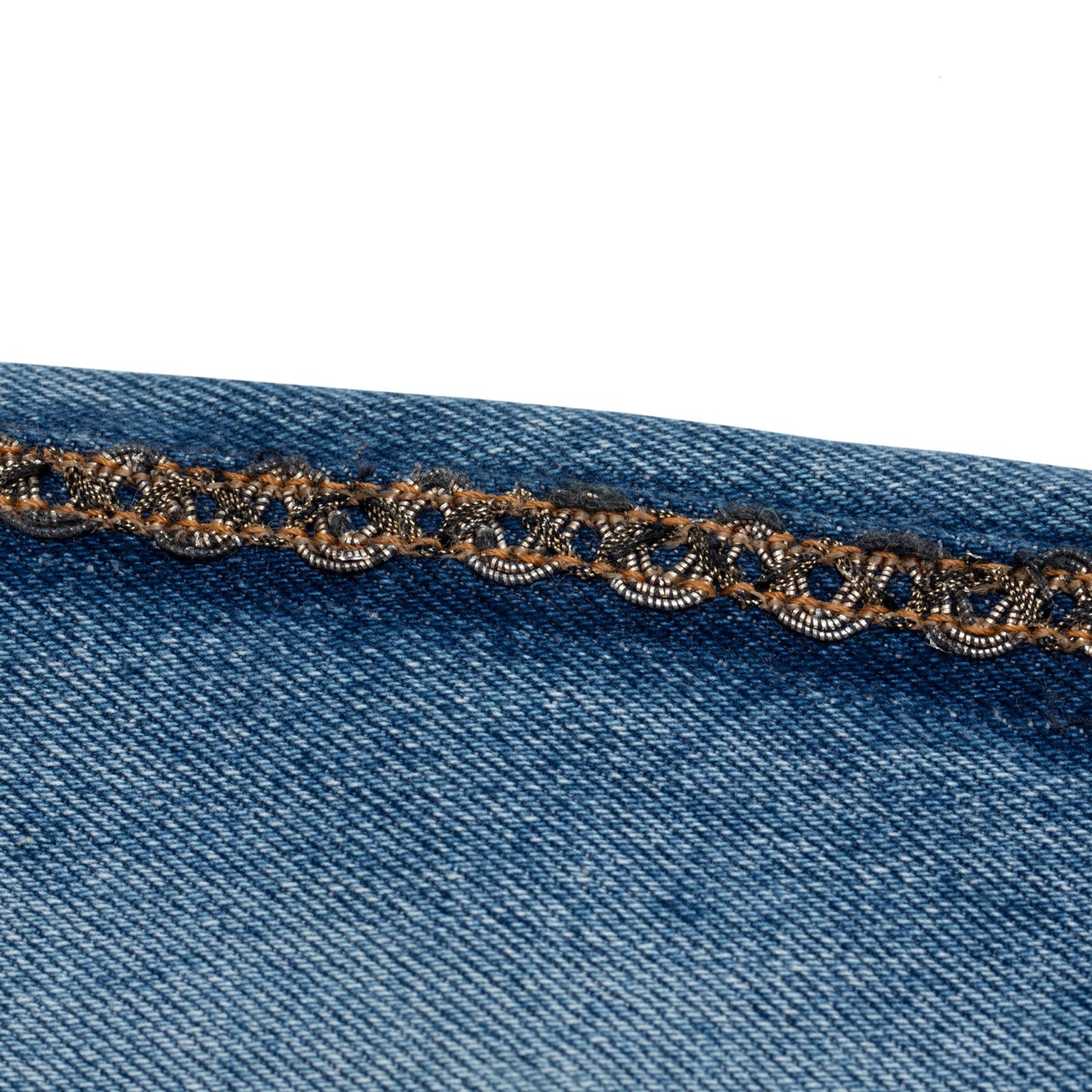 80s, Ring-Spun Indigo, Metallic Jacquard Braid, Gold Lace Overlay