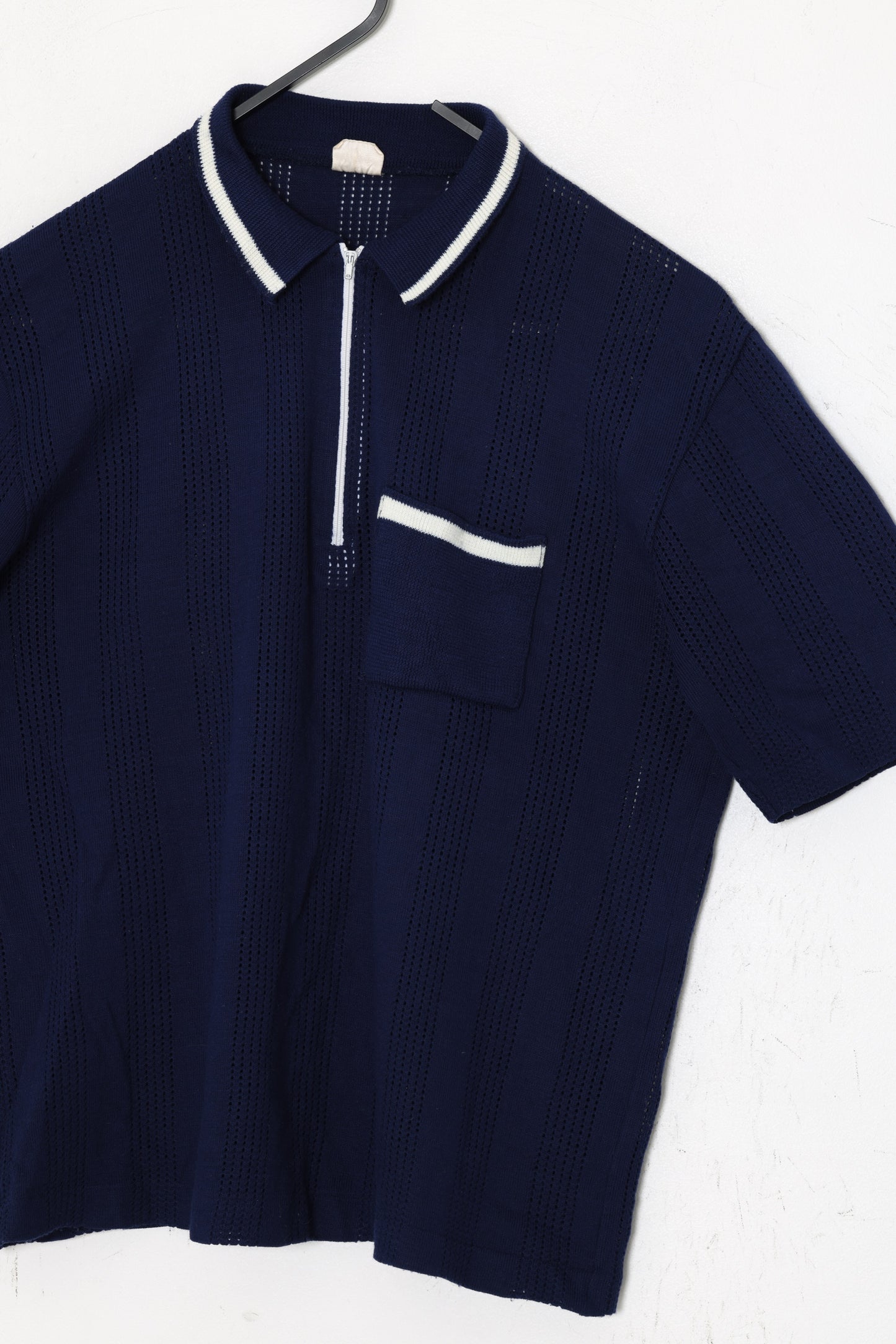 1960s, Pointelle Knit Riviera Polo with Talon Zip, Tipped Collar, Eyelet Columns