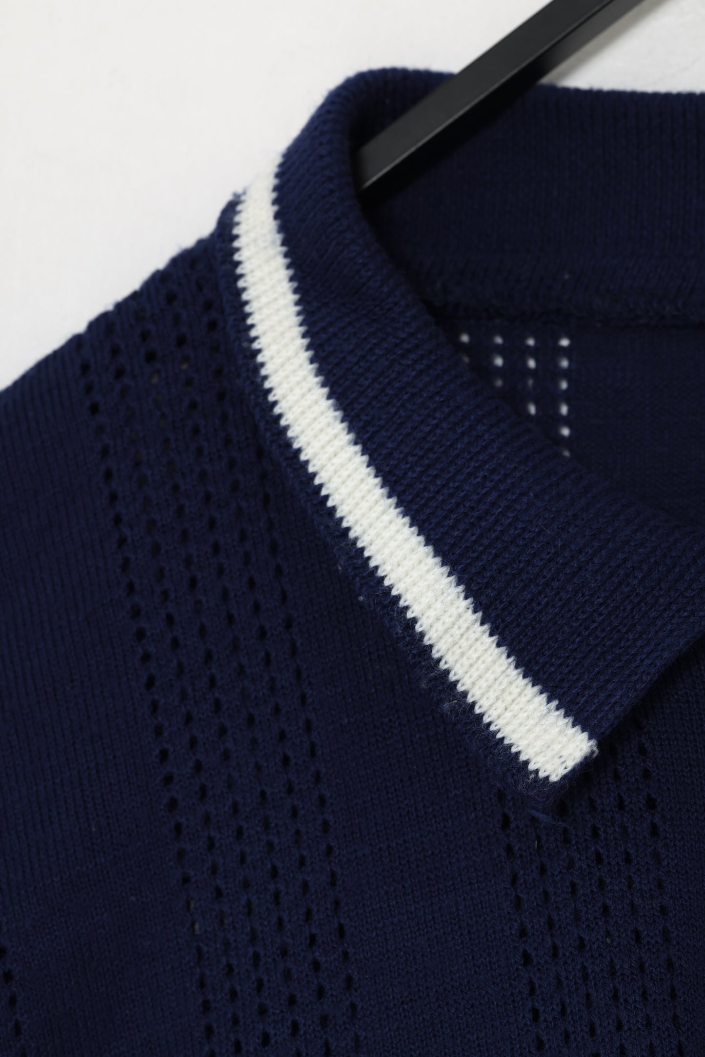 1960s, Pointelle Knit Riviera Polo with Talon Zip, Tipped Collar, Eyelet Columns